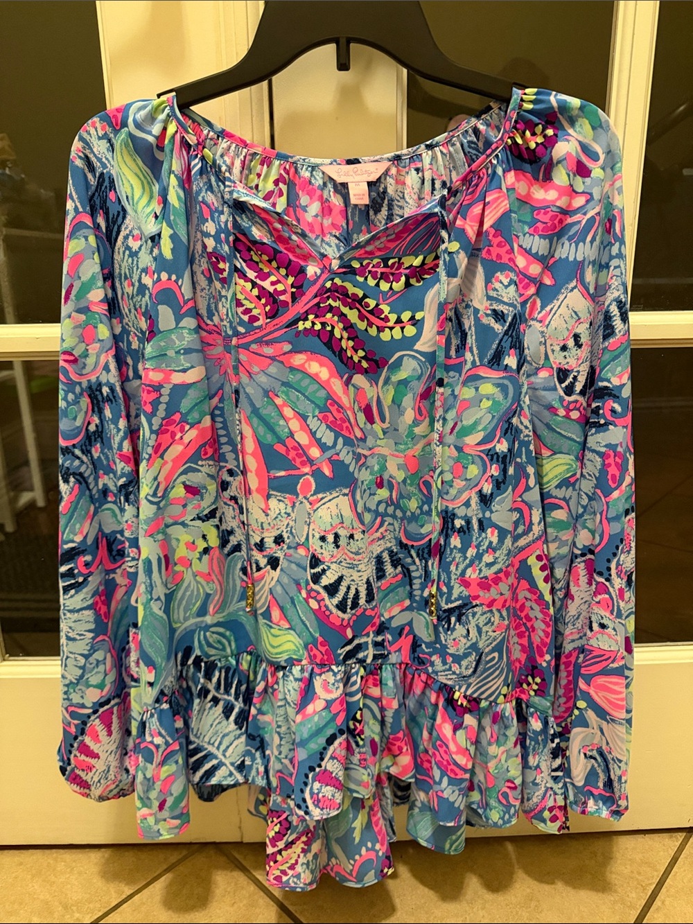 Lilly Pulitzer Blue Floral Peplum Blouse with Pink & Aqua Accents